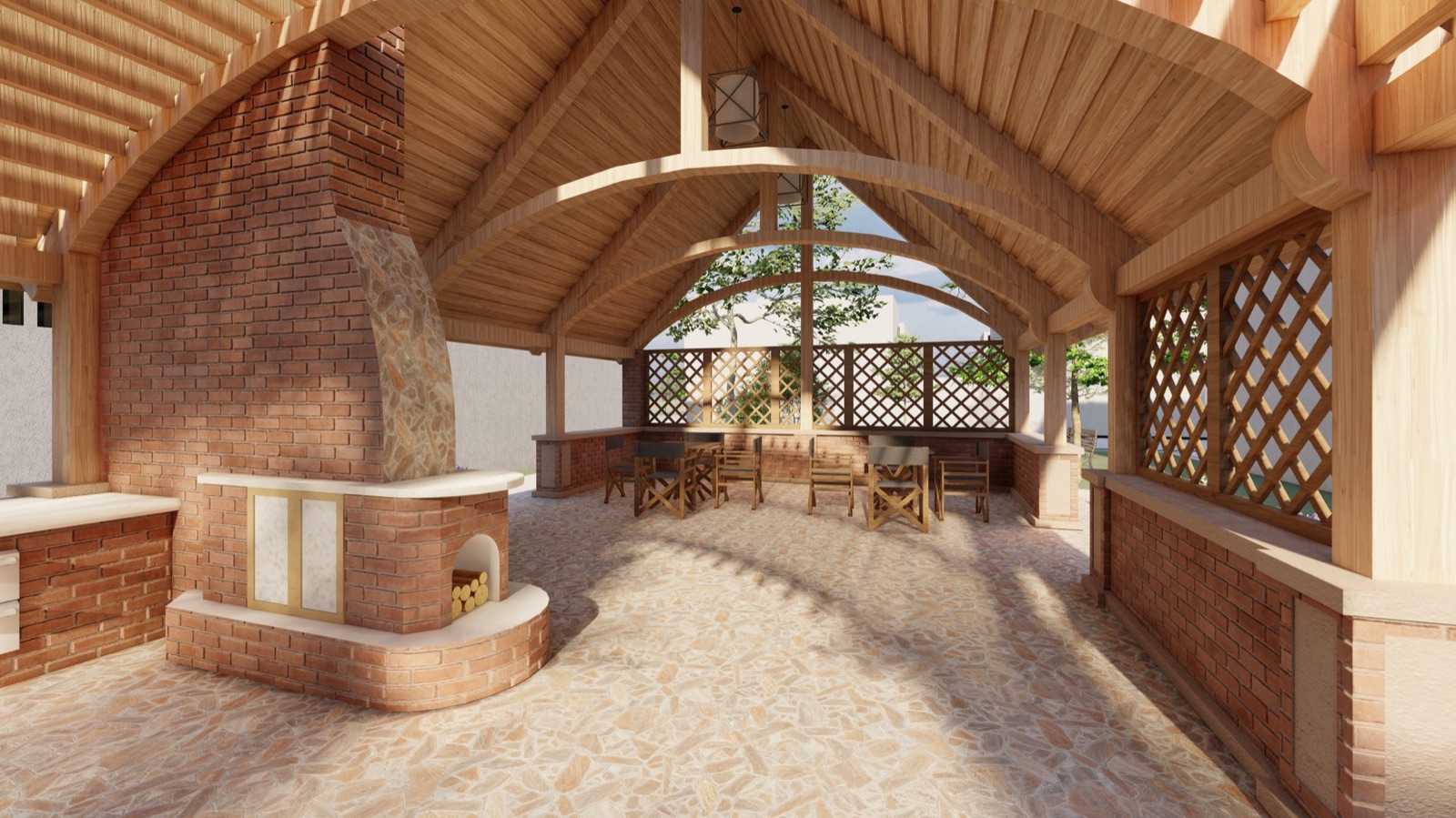 Salón social con chimenea